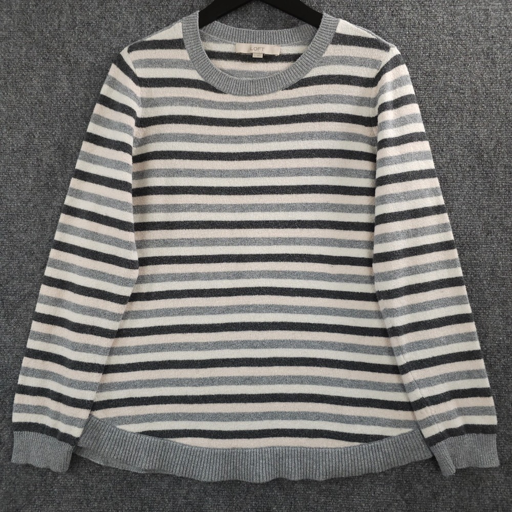 Ann Taylor LOFT Sweater Womens L Pink Gray Striped Soft Knit Wool Blend Pullover